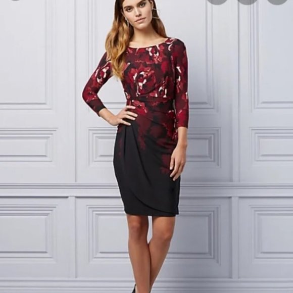 Le Chateau Burgundy Wine Red White Floral Formal Cocktail Drape Bodycon Dress - Picture 1 of 10